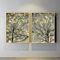 Two Panel Botanical Paintings With Tree Branches Golden Light Spots Golden Frames On Light Background 3d model