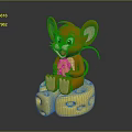 Happy Cartoon Mouse Sitting On Yellow Cheese Block Holding Small Cheese Piece