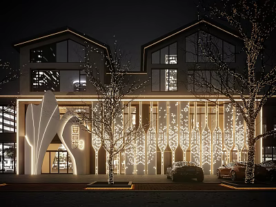 Illuminated Modern Facade With Decorative Lighting Trees And Parked Cars At Night 3d model