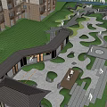 Modern Residential Garden Landscape With High Rise Building Stone Path Green Plants And Rockery Stones