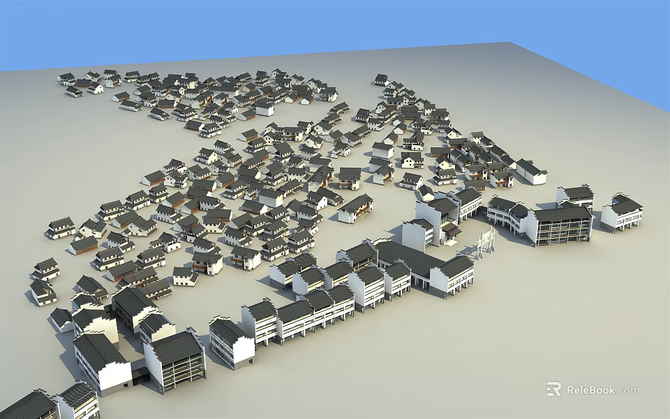 Traditional Chinese Village Model With Dense Ancient Style Houses And Roof Tiles 3d model 