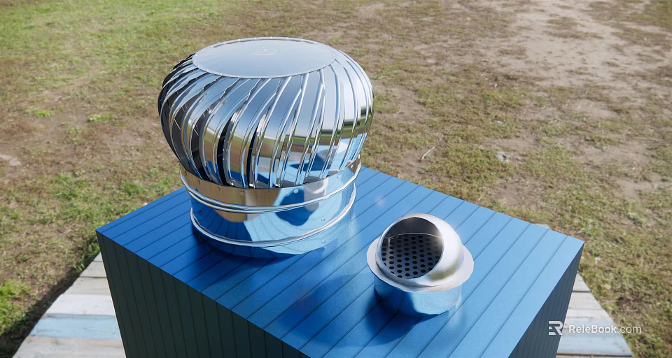 Silver Metal Round Corrugated Air Conditioner Vent on Blue Cuboid Platform with Small Perforated Vent 3d model 