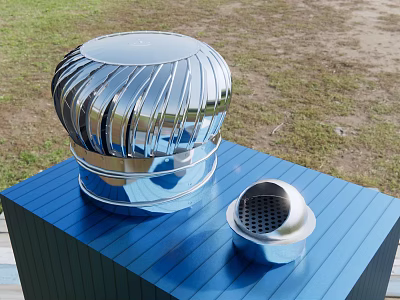 Silver Metal Round Corrugated Air Conditioner Vent on Blue Cuboid Platform with Small Perforated Vent 3d model