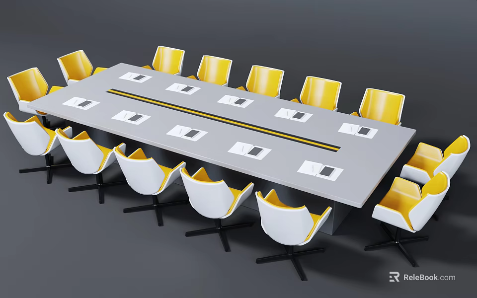 Modern Conference Table with Yellow Chairs and Notebooks on Gray Tabletop 3d model