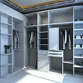 Modern Wooden Wardrobe Interior With Multiple Compartments Hanging Clothes Glass Door And Shelves