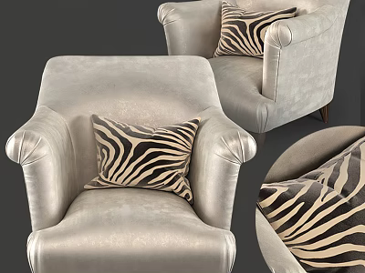 Elegant Silver Leather Single Sofa With Stylish Zebra Print Decorative Pillow 3d model