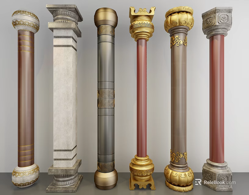 Ornate Decorative Columns Featuring Various Designs Gold Accents And Multiple Color Options 3d model 