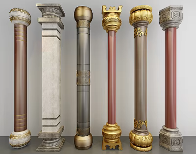 Ornate Decorative Columns Featuring Various Designs Gold Accents And Multiple Color Options 3d model