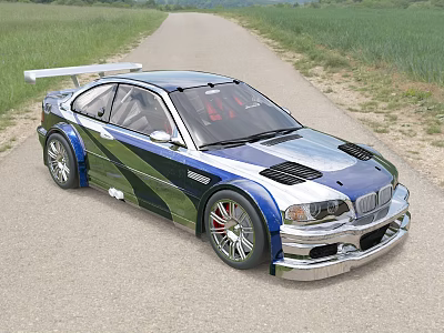 Modified Sports Car with Blue Green Camouflage Large Rear Spoiler Silver Wheels on Country Road 3d model