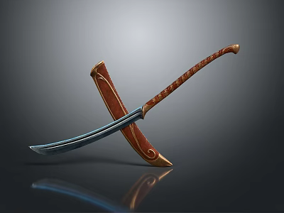 Decorative Curved Blade Weapon With Brown Handle And Ornate Scabbard 3d model