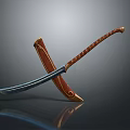 Decorative Curved Blade Weapon With Brown Handle And Ornate Scabbard