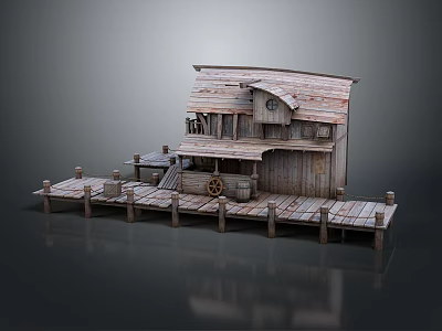 Weathered Rustic Wooden Cabin Exterior With Pier Deck Barrels And Lantern 3d model