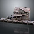 Weathered Rustic Wooden Cabin Exterior With Pier Deck Barrels And Lantern