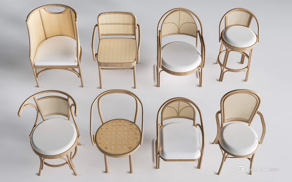 Light Colored Rattan Leisure Chairs With Various Designs And White Cushioned Seats 3d model 