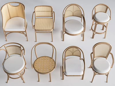 Light Colored Rattan Leisure Chairs With Various Designs And White Cushioned Seats 3d model