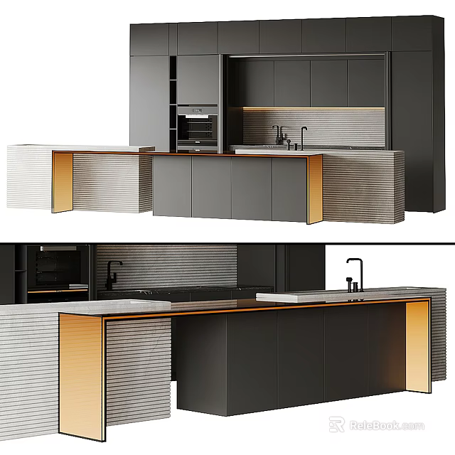 Modern Kitchen With Black Cabinets Gold Accents Island Countertop Textured Backsplash And Appliances 3d model 