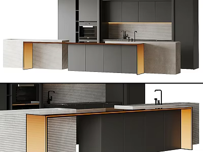 Modern Kitchen With Black Cabinets Gold Accents Island Countertop Textured Backsplash And Appliances 3d model