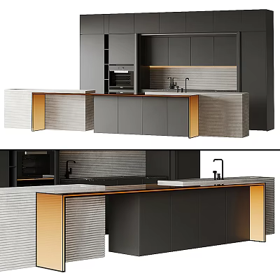 Modern Kitchen With Black Cabinets Gold Accents Island Countertop Textured Backsplash And Appliances 3d model