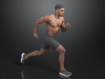 Shirtless Muscular Man Running in Black Shorts and Athletic Shoes Against Dark Background 3d model