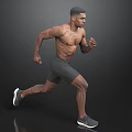 Shirtless Muscular Man Running in Black Shorts and Athletic Shoes Against Dark Background