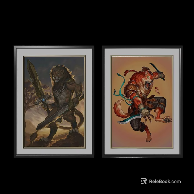 Modern Locker With Framed Fantasy Creature Paintings For Home Decor 3d model 