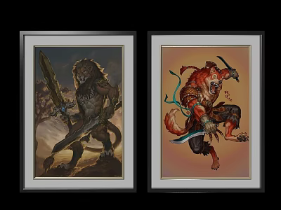 Modern Locker With Framed Fantasy Creature Paintings For Home Decor 3d model
