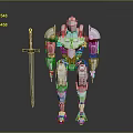 Silver Armored Robot Design Standing With Long Sword And Mechanical Parts