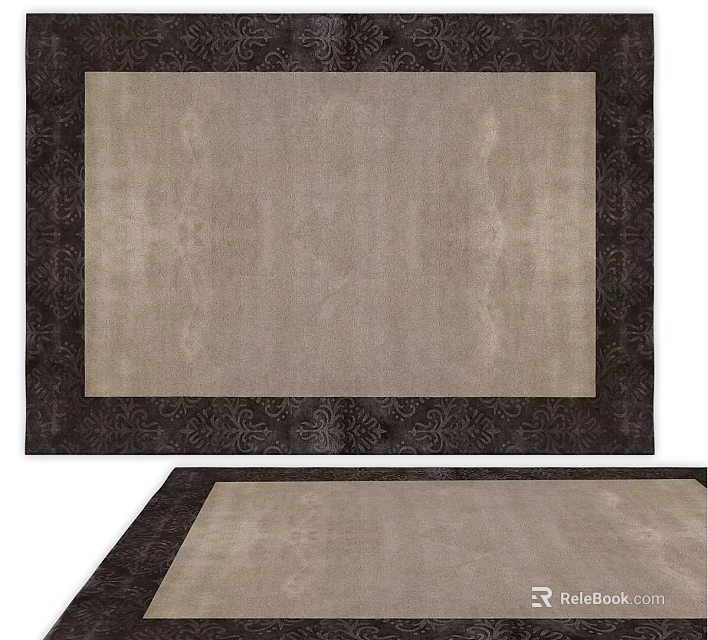 Elegant Square Rug With Beige Main Body And Dark Brown Intricate Border 3d model 