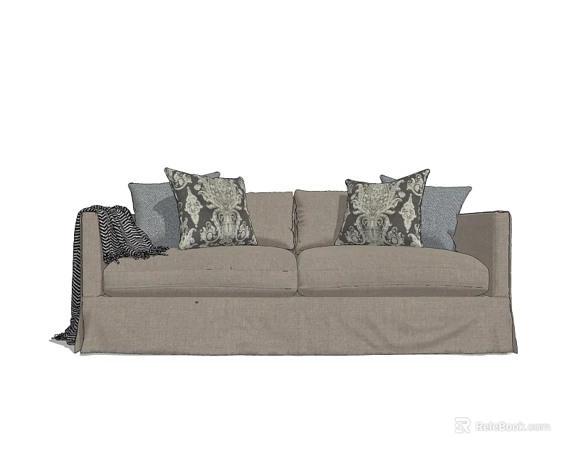 Light Gray Upholstered Two Seater Sofa With Decorative Patterned Pillows And Throw Blanket 3d model