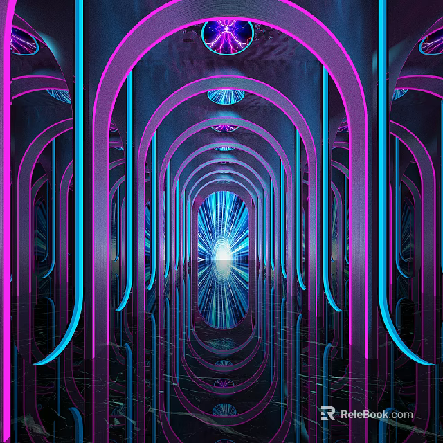 Stylish KTV Interior Featuring Neon Lights Mirrored Tunnel And Arch Design 3d model 