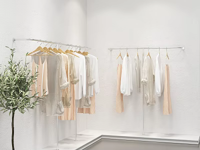 Modern Clothes Racks With Light Colored Garments In Minimalist White Wall Interior And Olive Tree 3d model