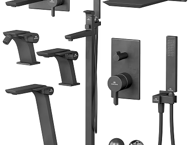 Sleek Black Modern Shower System With Handheld Sprayer Rainfall Head And Control Knob 3d model