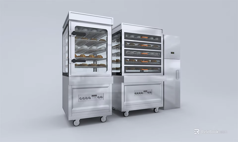 Stainless Steel Commercial Kitchen Appliances With Glass Door Layered Shelves Wheels And Refrigeration Compartment 3d model 