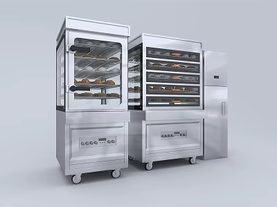 Stainless Steel Commercial Kitchen Appliances With Glass Door Layered Shelves Wheels And Refrigeration Compartment 3d model