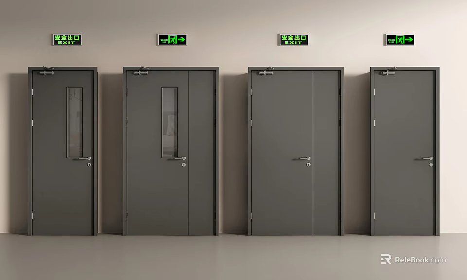 Four Gray Double Doors with Glass Windows Door Handles and Green Exit Signs Above 3d model 