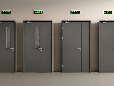 Four Gray Double Doors with Glass Windows Door Handles and Green Exit Signs Above 3d model