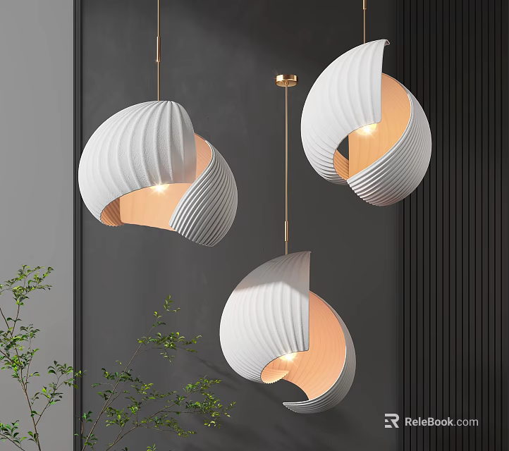 Modern Curved Ribbed White Pendant Lights With Warm Light Grey Wall And Green Plants 3d model 