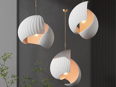 Modern Curved Ribbed White Pendant Lights With Warm Light Grey Wall And Green Plants 3d model