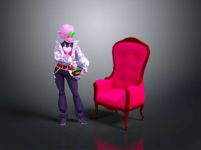 Red Tufted Chair With Wooden Frame And Pink Haired Character In Stylish Outfit 3d model