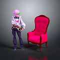 Red Tufted Chair With Wooden Frame And Pink Haired Character In Stylish Outfit