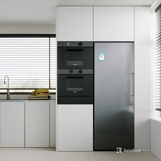 Modern Kitchen Interior Featuring White Cabinets Built-in Ovens Silver Refrigerator And Kitchen Appliances 3d model 