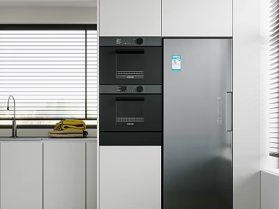 Modern Kitchen Interior Featuring White Cabinets Built-in Ovens Silver Refrigerator And Kitchen Appliances 3d model