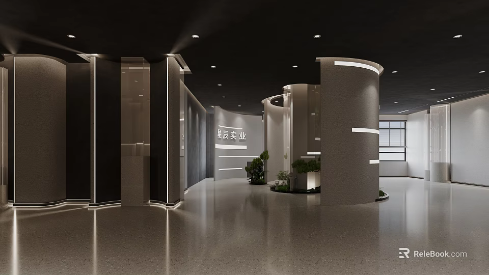 Modern Lobby Interior Design With Reception Desk Green Plants And Lighting 3d model 