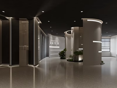 Modern Lobby Interior Design With Reception Desk Green Plants And Lighting 3d model