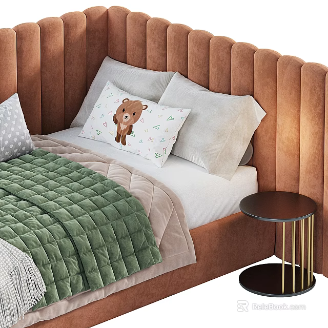Brown Upholstered Baby Crib With Teddy Bear Pillow Green Quilt And Side Round Table 3d model 