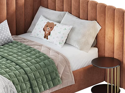 Brown Upholstered Baby Crib With Teddy Bear Pillow Green Quilt And Side Round Table 3d model