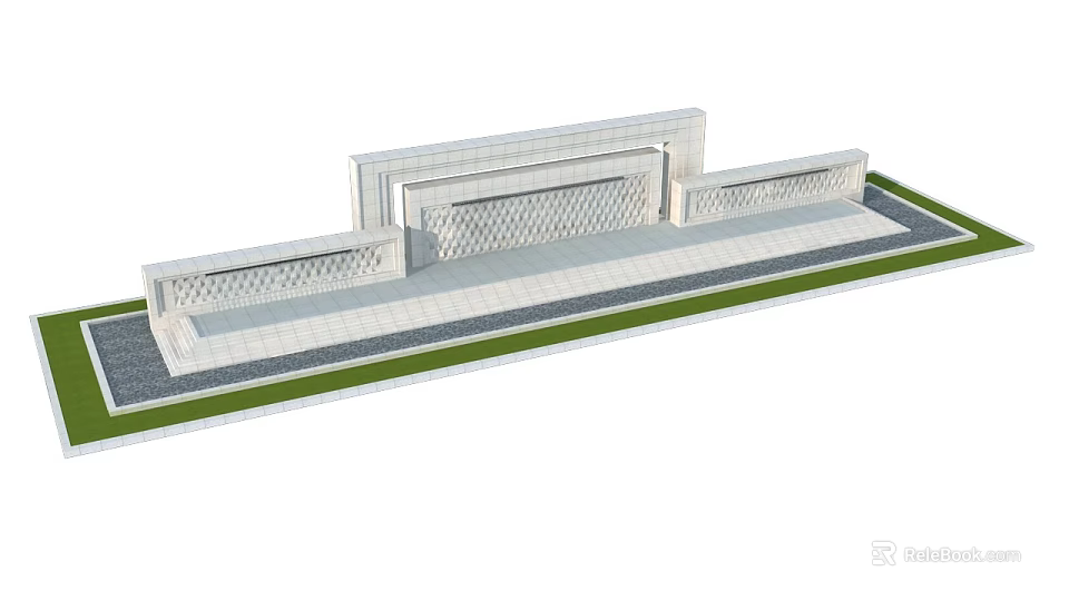 Modern Feature Wall With Stone Surface Geometric Patterns And Green Turf Surroundings 3d model