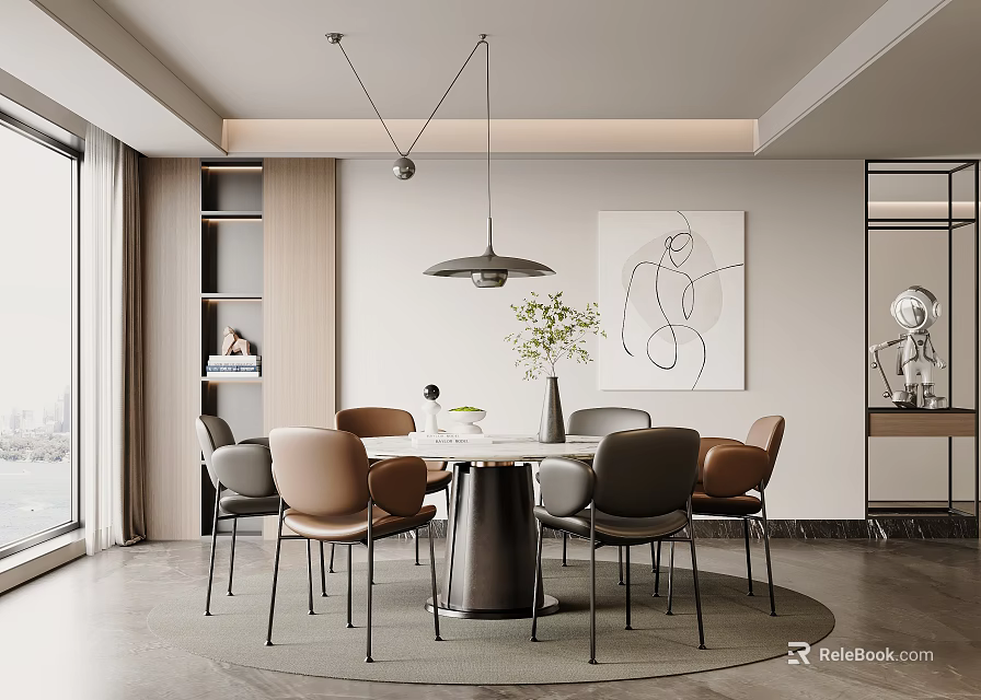 Modern Restaurant Interior With Round Dining Table Gray Brown Chairs Pendant Light And Abstract Painting 3d model 