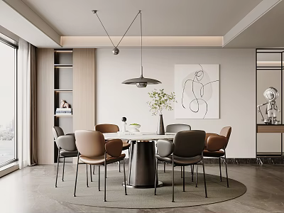 Modern Restaurant Interior With Round Dining Table Gray Brown Chairs Pendant Light And Abstract Painting 3d model