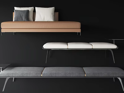 Modern Sofa Benches in Beige White Gray with Metal Legs and Cushioned Seats 3d model